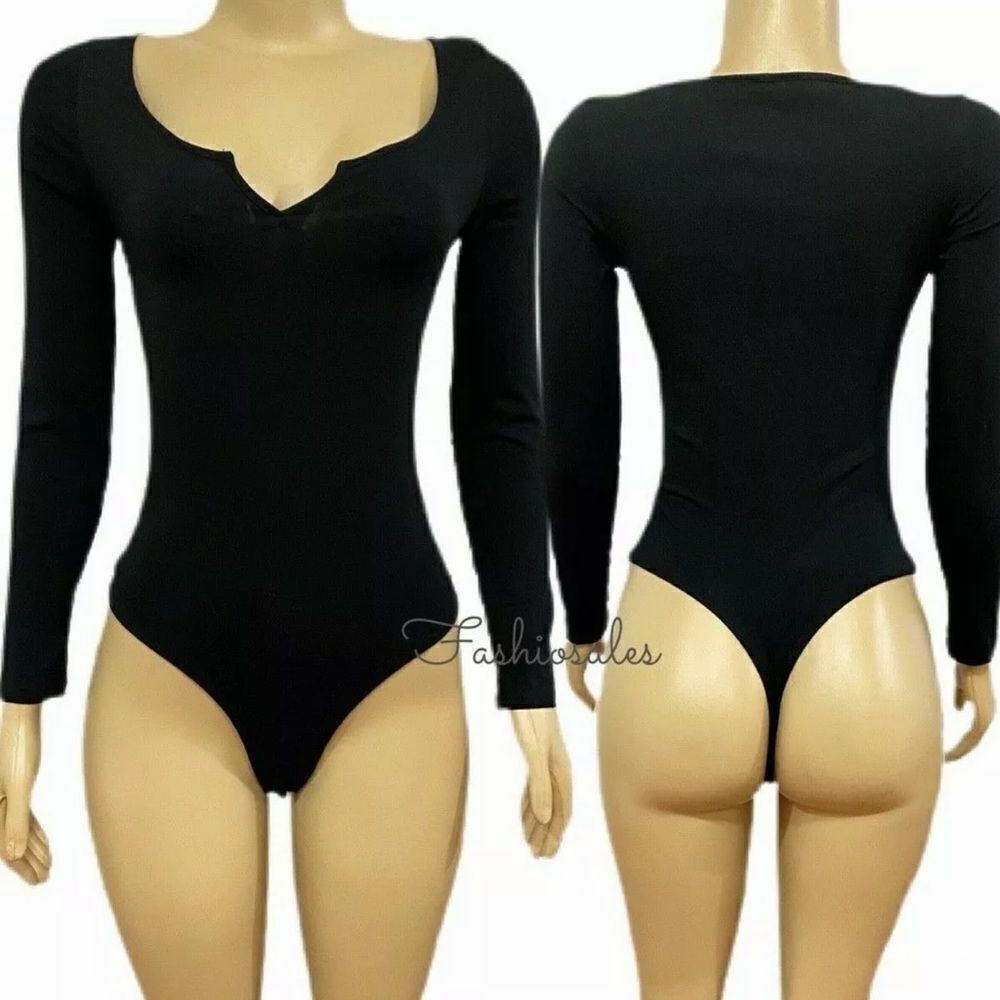 Victorias Secret Pink Soft Cotton Long Sleeve Bodysuit Shirt Top Black Xs S